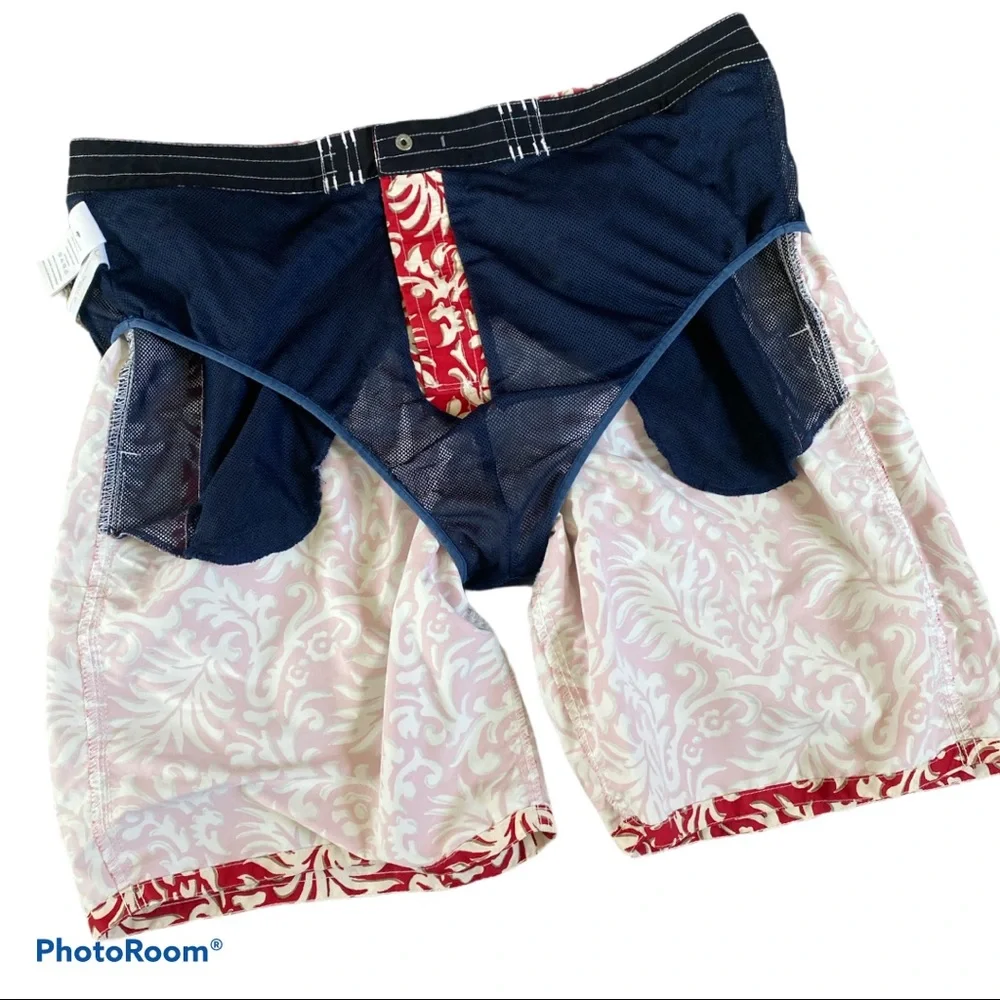 NEW! Hawaiian Swim Trunks Board Shorts Red Beige Netted Lining Pockets Size 36